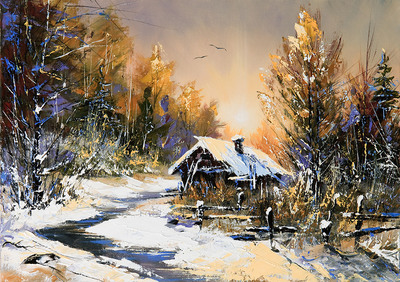 唯美冬季风景油画装饰画